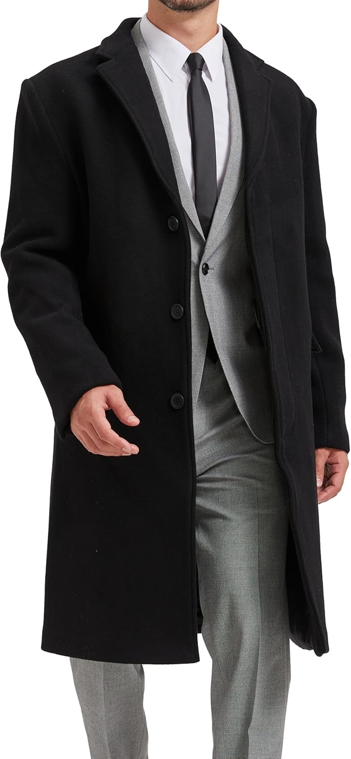 Mens Black Overcoat Wool & Cashmere Covert Warm Winter Bond Coat Fully Lined 46 Black - Black lining