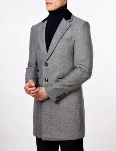 Xposed Men’s Herringbone Long Overcoat Classic Wool Blend Tailored Fit 3/4 Mid Length Coat Jacket Light Grey 38