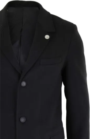 Mens 3/4 Long Overcoat Jacket Wool Feel Coat Blinders Slim Fit L Black