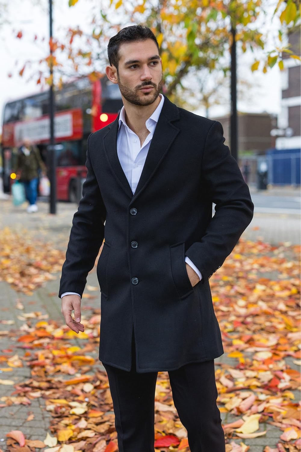 Men's Wool Blend Overcoat Notched Lapel Winter Trench Coat Jacket XL Black
