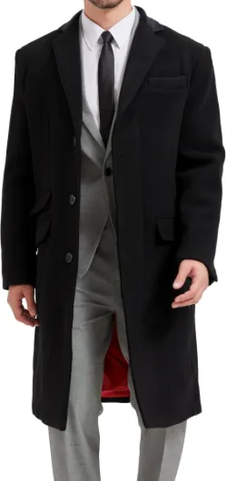 Mens Black Overcoat Wool & Cashmere Covert Warm Winter Mod Coat Velvet Collar & Red Satin Lining 40 Black - Red Lining