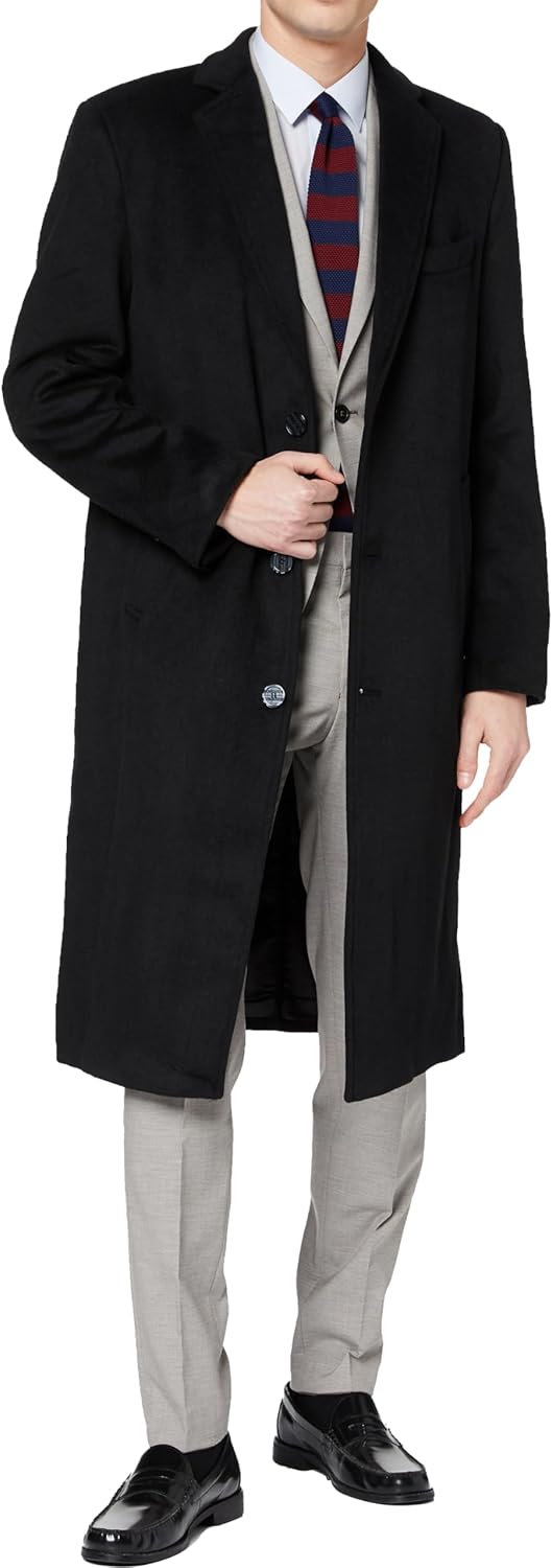 Mens Black Overcoat 70% Wool & Cashmere Warm Winter Mod Single Breasted Coat 42 Black