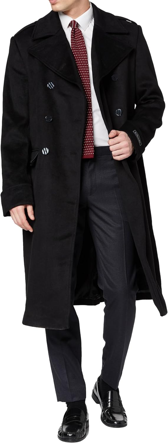 Mens Wool & Cashmere Great Coat – Double Breasted Long Overcoat, Satin Lined, Epaulettes & Gauntlet Cuffs, Warm Heavy Winter Coat (Sizes 40–48) 48 Black