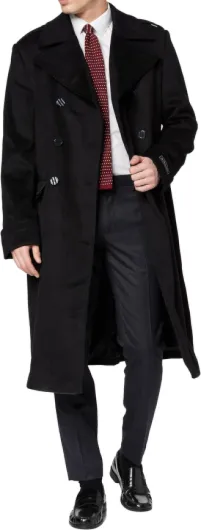 Mens Wool & Cashmere Great Coat – Double Breasted Long Overcoat, Satin Lined, Epaulettes & Gauntlet Cuffs, Warm Heavy Winter Coat (Sizes 40–48) 48 Black
