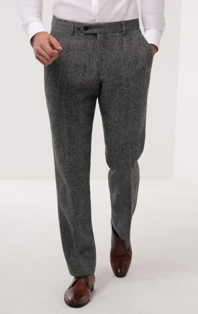 Harris Tweed Mens Grey Herringbone Suit Trousers Regular Fit 100% Wool 32