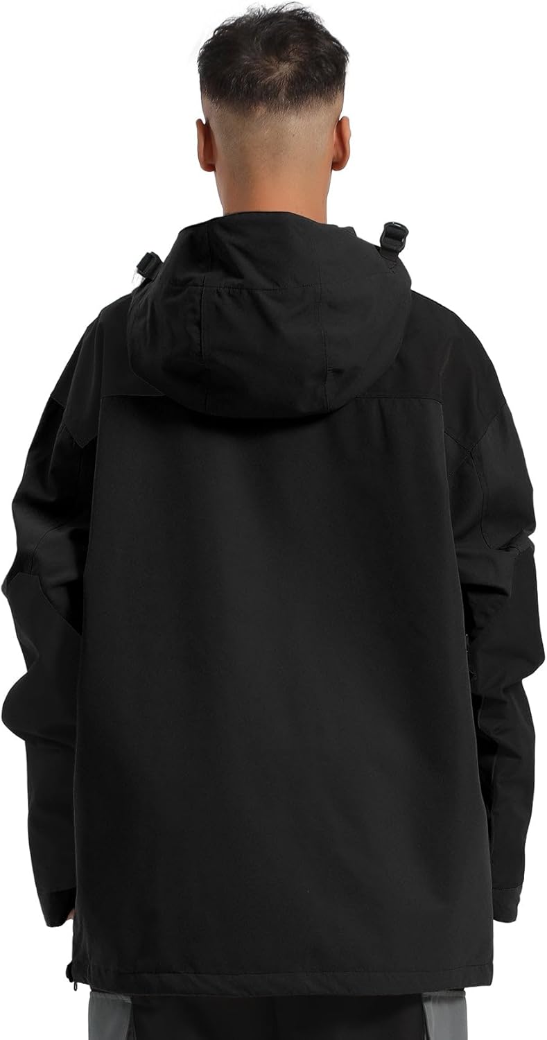 Mens Snowboard Jacket Baggy Ski Jacket - Unisex Multi Pockets Waterproof Windproof Breathable Warm Hooded Black L