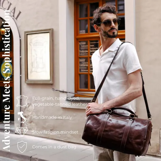 Full Grain Leather Duffle Bag Overnight Weekender Hand-Crafted Small Brown - Time Resistance