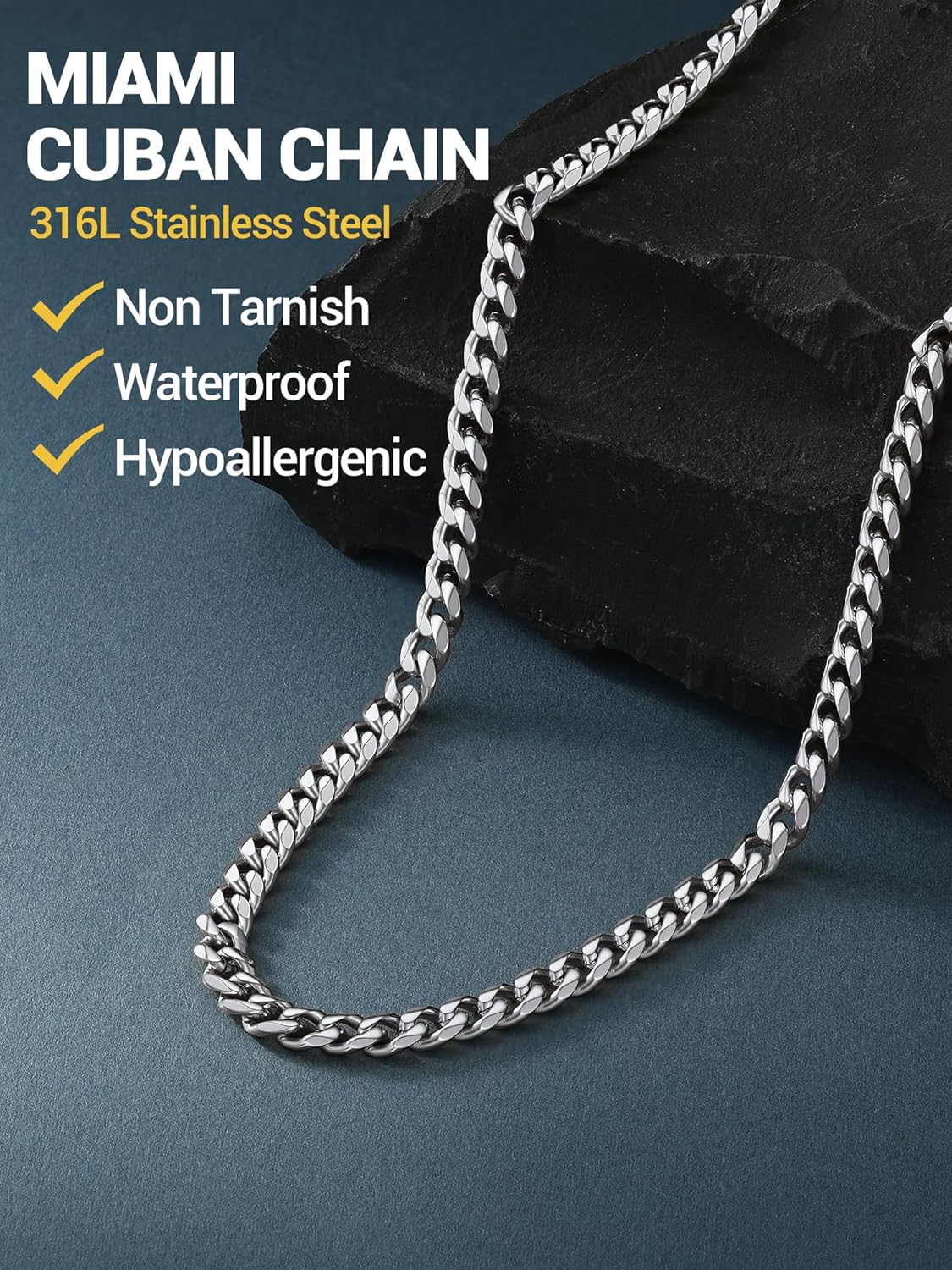 Men Sturdy Cuban Chain Necklace, 3/6/9/12mm, 14" 18" 20" 22" 24" 26" 28" 30" Length, Gold Plated/316L Stainless Steel/Black (Send Box) 51.0 Centimetres 01: 6mm-stainless