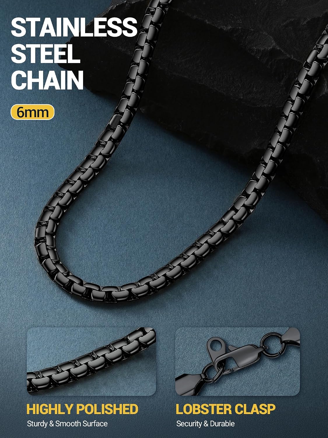 Mens Necklace Chain Stylish Flat Box Chain Link Black/Silver/Gold Plated, Hypoallergenic 316L Stainless Steel Jewellery (with Gift Box) Black - 6mm 20"(51 CM)