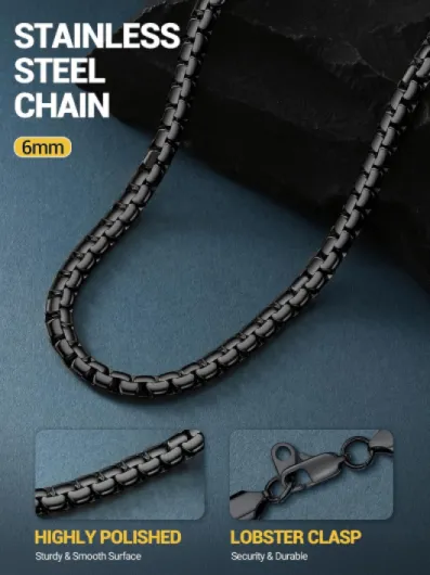 Mens Necklace Chain Stylish Flat Box Chain Link Black/Silver/Gold Plated, Hypoallergenic 316L Stainless Steel Jewellery (with Gift Box) Black - 6mm 20"(51 CM)
