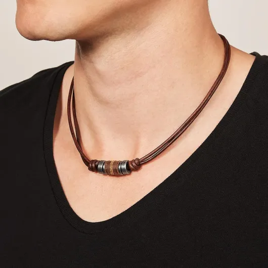 Fossil Necklace for Men Stainless steel and leather necklace Necklace Brown