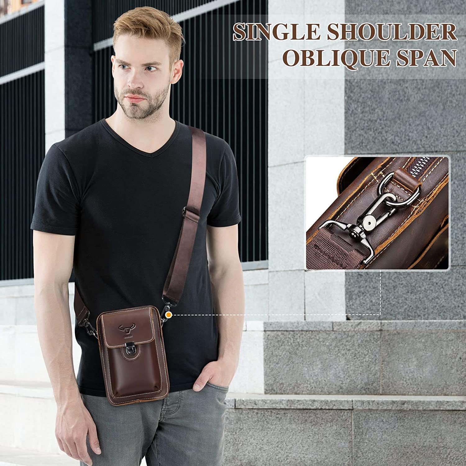 Genuine Leather Waist Pack for Men, Leather Phone Holster Pouch with Belt Loop Crossbody Phone Carrying Case Small Shoulder Bag for Cell Phone Wallet Key (A-Black) Brown