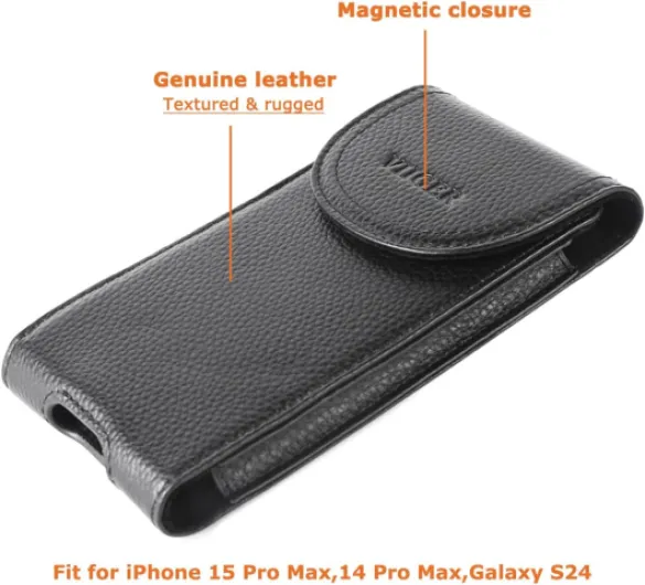 Leather Phone Case Belt Clip Holster Belt Pouch Holder Cellphone Belt Case Smartphone Belt Loop Pouch Bag for Men Magnetic Closure Compatible With iPhone 15 Pro Max 16 Pro Samsung Galaxy S25, Black