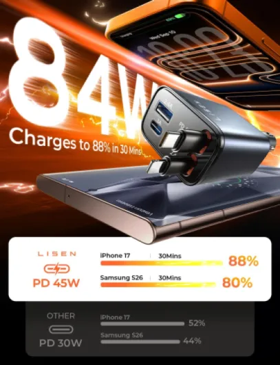 Retractable Car Charger 84W Cigarette Lighter USB C Charger Car Accessories Dad Gifts for Men Women Gadgets, 12V Car USB Fast Charge Adapter Socket Camping Essentials for iPhone 17 16 13 Samsung Gunmetal