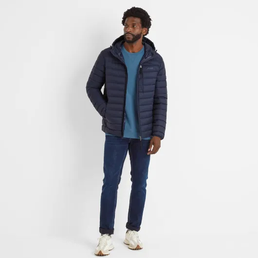 North Mens Hooded RDS Certified Down Jacket Ultra Warm 90% Duck Down Superior Insulation Coat With Toggle Adjusters On Hood Pack Away Conveniently Into Chest Pocket & Doubles Up As Travel Pillow Dark Indigo L