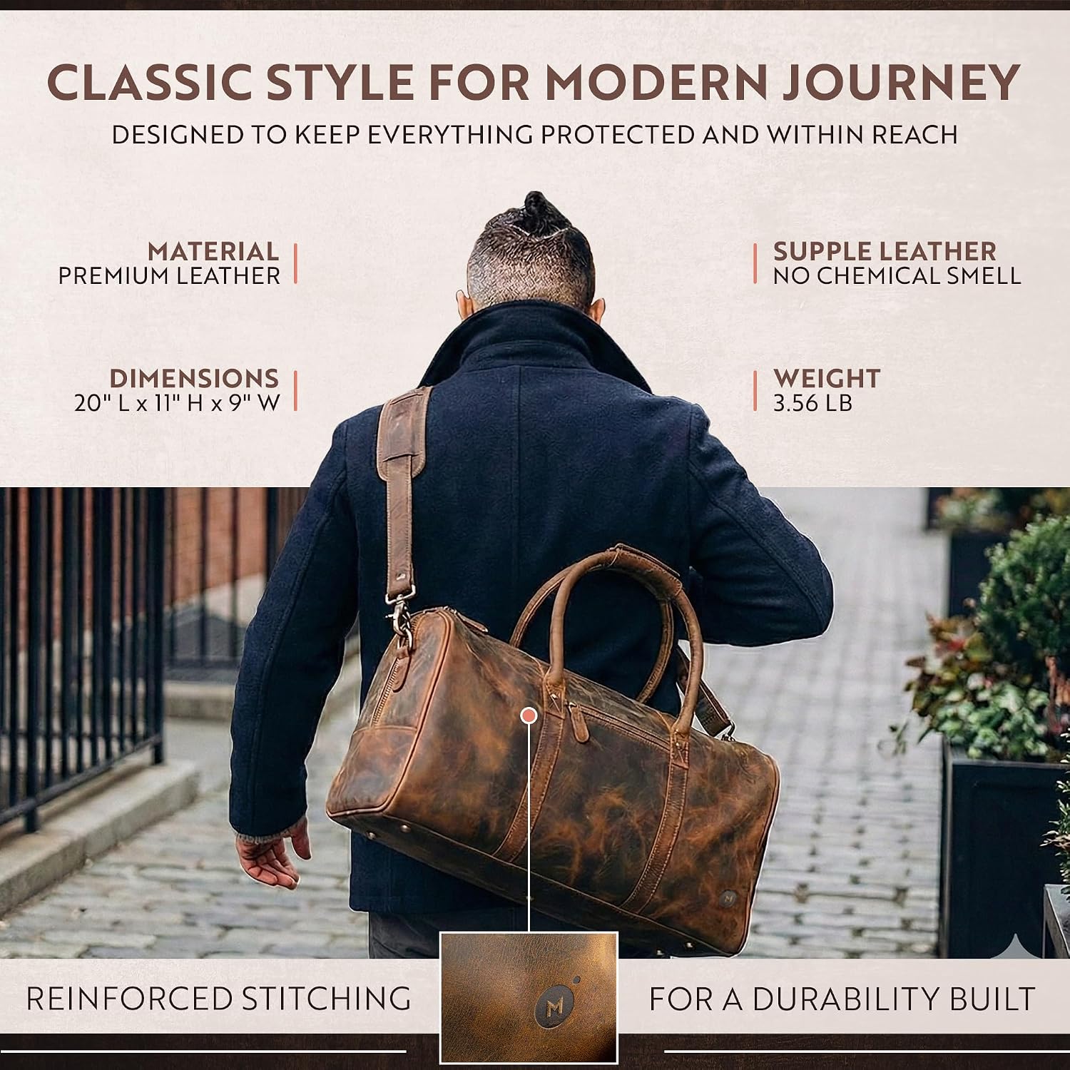 ® 20 Inch Buffalo Leather Duffle Bags – Full-Grain Leather Travel Bags for Men & Women with Assorted Pockets, Rustic Carry On Weekender Bag